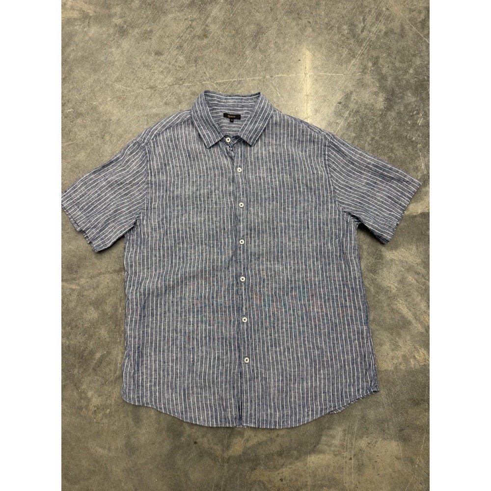 Quince European Linen Relaxed Short Sleeve Shirt Blue Chambray Stripe Sz XL